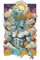 male storm god with clouds and lightning overhead symboliozing power colorful majestic rebirth tattoo design idea