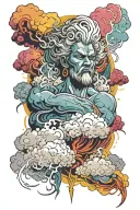 male storm god with clouds and lightning overhead symboliozing power colorful majestic rebirth tattoo design idea