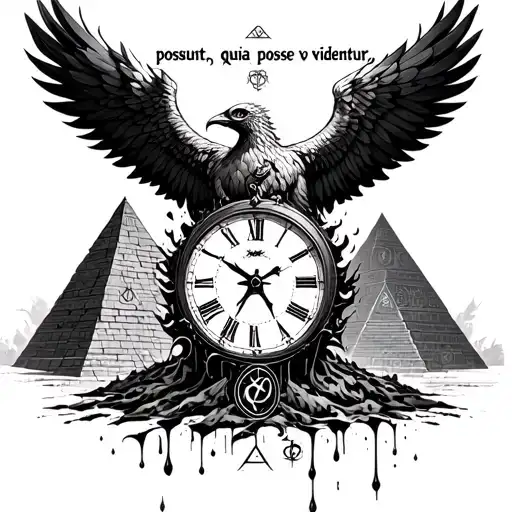 "possunt, quia posse videntur"" phoenix rising from ashes, clock face melting, illuminati pyramid with eye of Horus in the distance with occult symbols  tattoo design idea