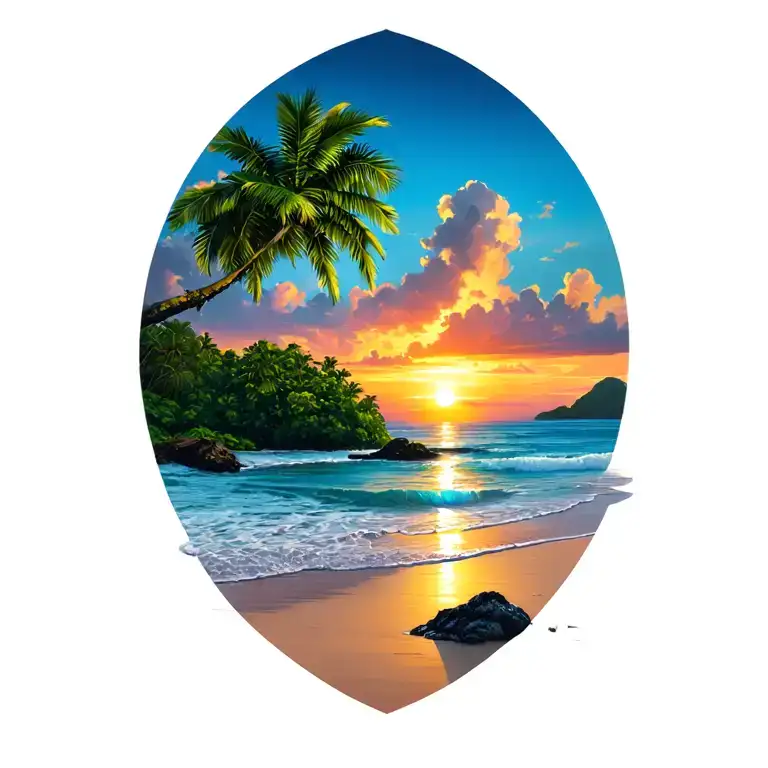 Costa Rica's National tree on a sunset beach with island in distance and palm tattoo design idea