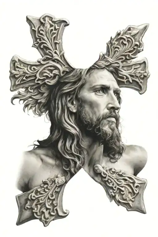 jesus with half of the face of a lion, underneath a cross tattoo design idea