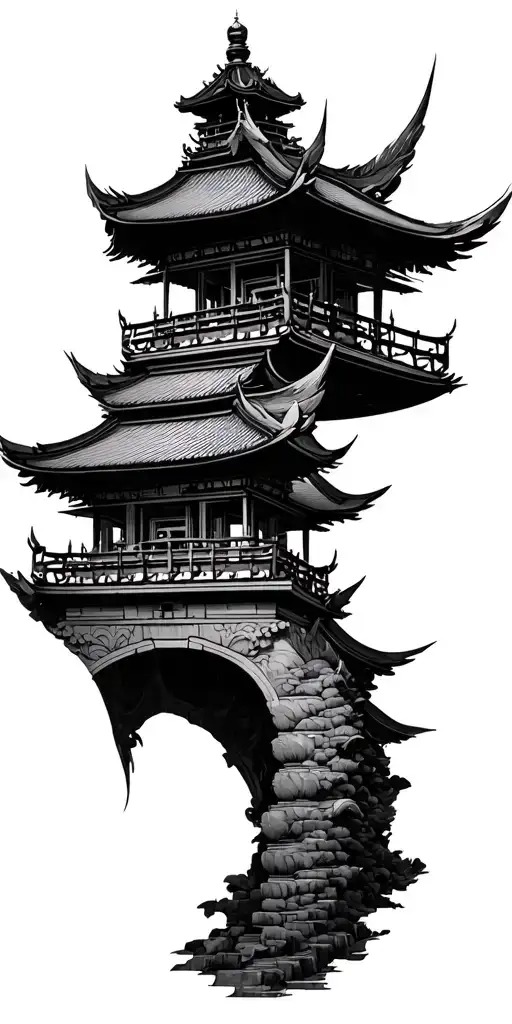 pagoda temple with kabuto tattoo design idea