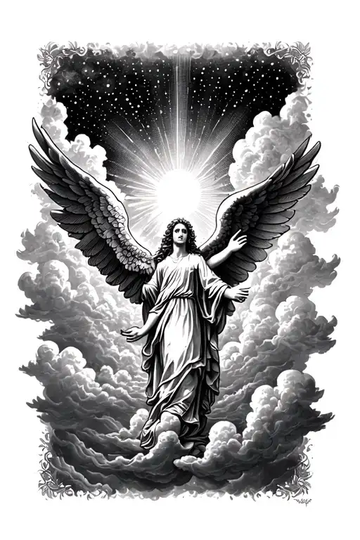 a forearm tattoo design incorporating elements with clouds in the background, angels and querubins, some clouds and rays tattoo design idea