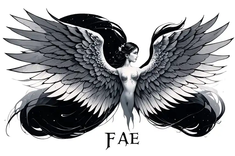 "FAE" inscribed in a translucent manuscript style wing delicate tattoo design idea