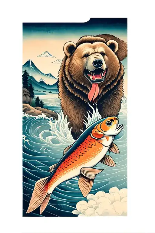 arm sleeve with salmon and bear with water and mountains in the background tattoo design idea