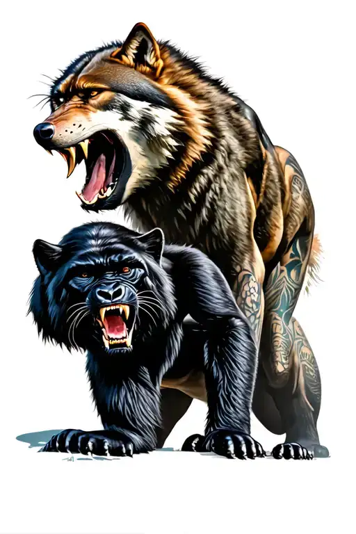 wolf snarling at Panther. below that a black mamba snarling at a gorilla tattoo design idea