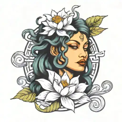 medusa head with lotus flower blooming tattoo design idea