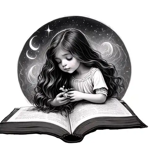 magical book open whimsical daughter playing tattoo design idea