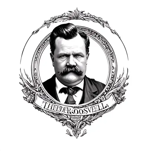 American traditional style tattoo, circular framed portrait of Theodore Roosevelt  tattoo design idea
