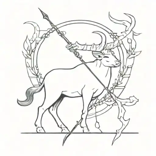 Incorporate a bow and arrow symbolizing Sagittarius zodiac sign with a tiny bull representing Taurus zodiac sign tattoo design idea