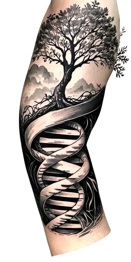 tree of life with dna double helix that wraps around  arm to form a band. add Down syndrome awareness tattoo design idea