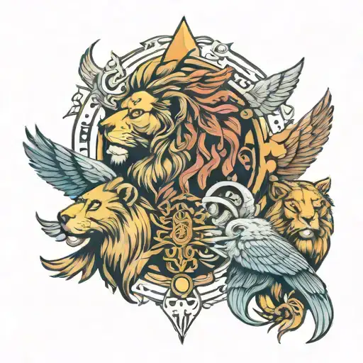 angelic being with ox, lion, eagle and human head having four wings  tattoo design idea