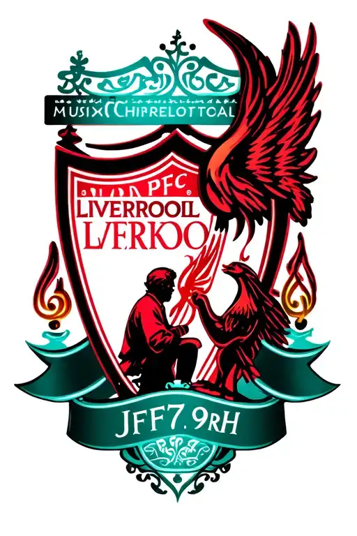 "JFT97, RKH" Liverpool FC, music stave flowing, father and son silhouette tattoo design idea