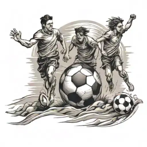 A tattoo of a sun shining over a group of friends playing football on the beach, symbolizing your love for sunshine, sports, and friendship tattoo design idea