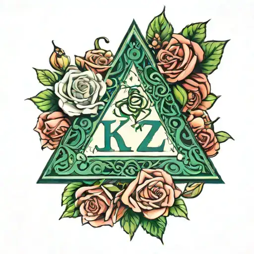 Text K2delta38 design with rose flower and Green triangular gem tattoo design idea