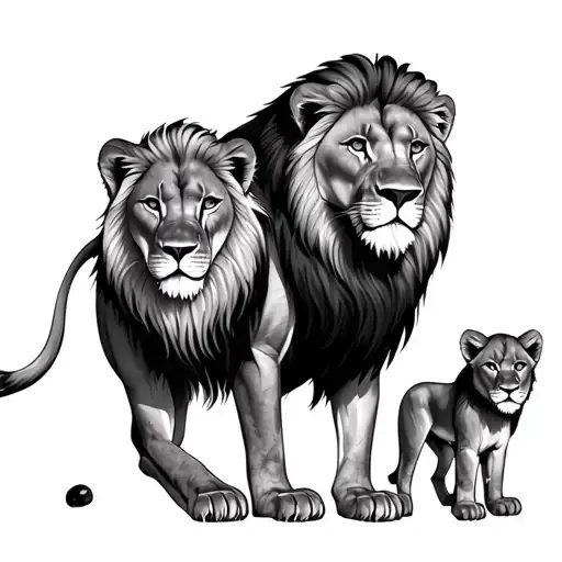 lion standing over lioness and cub tattoo design idea