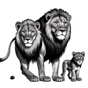 lion standing over lioness and cub tattoo design idea