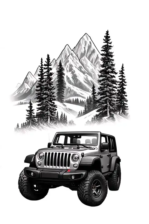 topless jeep wrangler in wilderness and mountains scene tattoo design idea