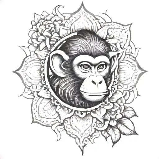 monkey mandala with lotus flower tattoo design idea