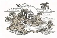 origami rabbit on an island landscape black and white tattoo design idea