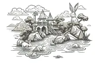 origami rabbit on an island landscape black and white tattoo design idea