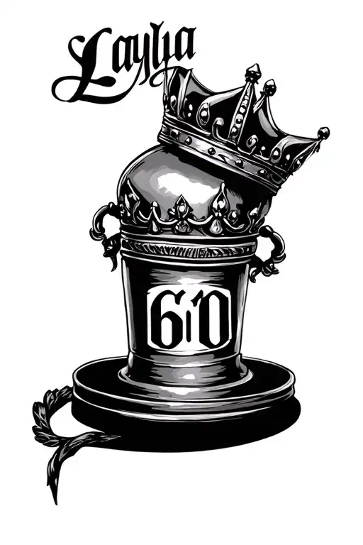 Gangster style crown with script writing of Layla and 610 tattoo design idea