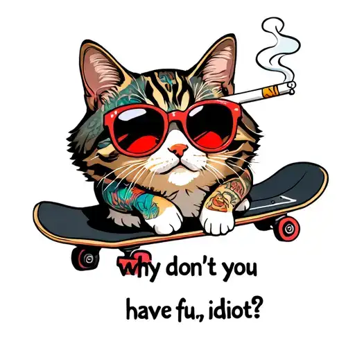 "why don't you have fun, idiot?" cat on a skateboard smoking a cigarette with sun glasses with tattoos tattoo design idea