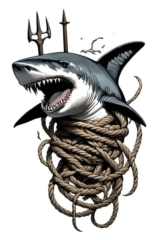 shark with trident tangled in ropes knotted together tattoo design idea