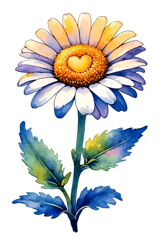 A daisy with a double layer of petals with a heart in the center and a stem with 4 leaves tattoo design idea