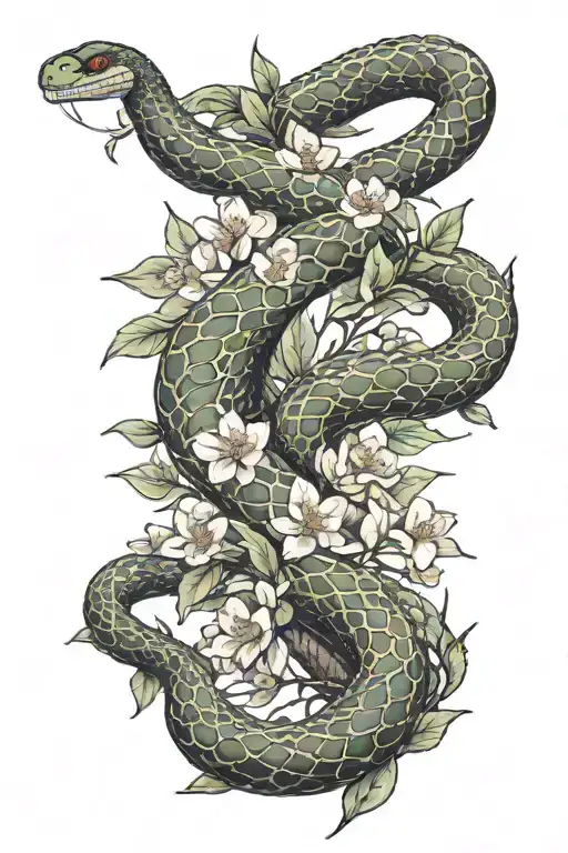fern, cherry blossoms, snake tattoo design idea