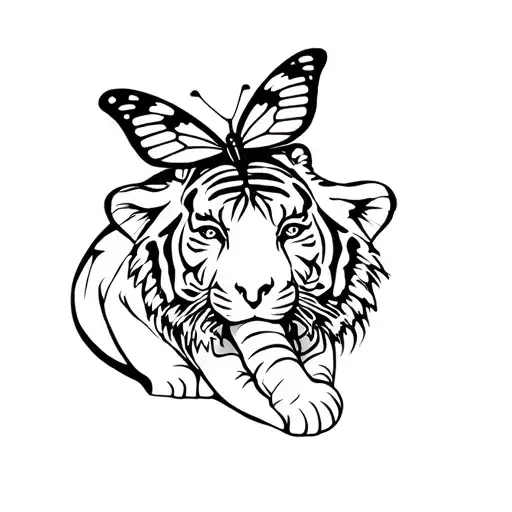 elephant, tiger and butterfly resting tattoo design idea