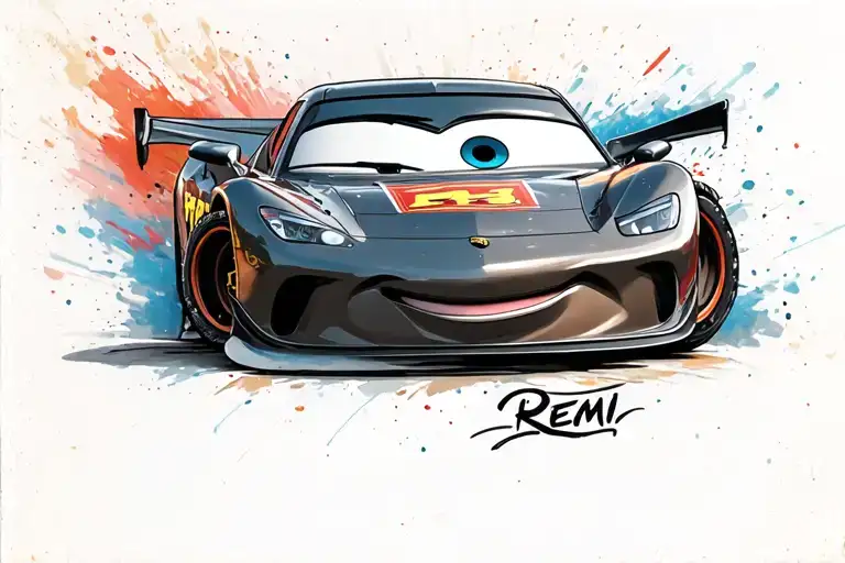 Lighting McQueen car with REMI written on the hood tattoo design idea