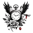 phoenix, rose, dragonfly, ladybug, stop watch tattoo design idea