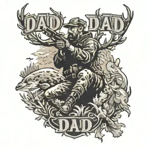 A black-grey tattoo of a hunter in camouflage gear, surrounded by wildlife like deer, ducks, and fish, with the word 'Dad' incorporated into the design tattoo design idea