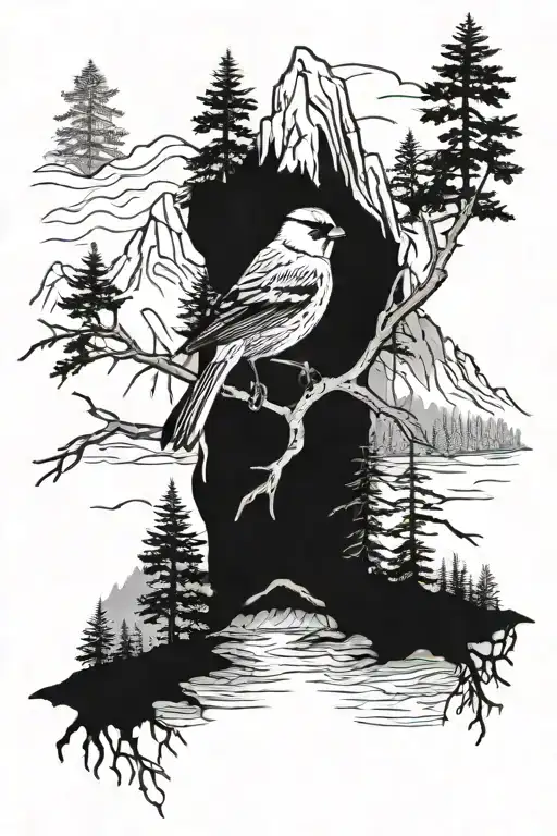 mountains and western hemlock trees with river and gold finch tattoo design idea