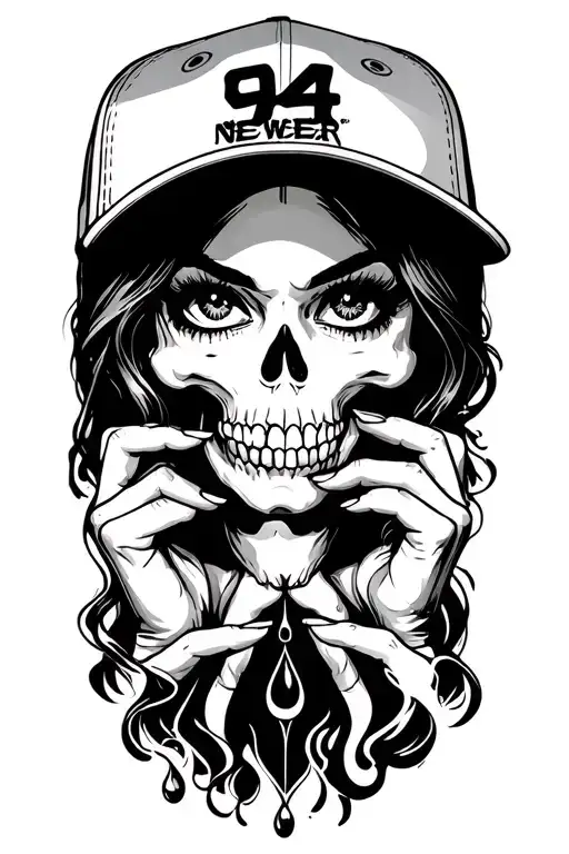 Chicano woman light eyes NewEra cap 94 flipped Nadir skull hands teardrop smoke fade wrist Breezy_Nadir on fingers tattoo design idea