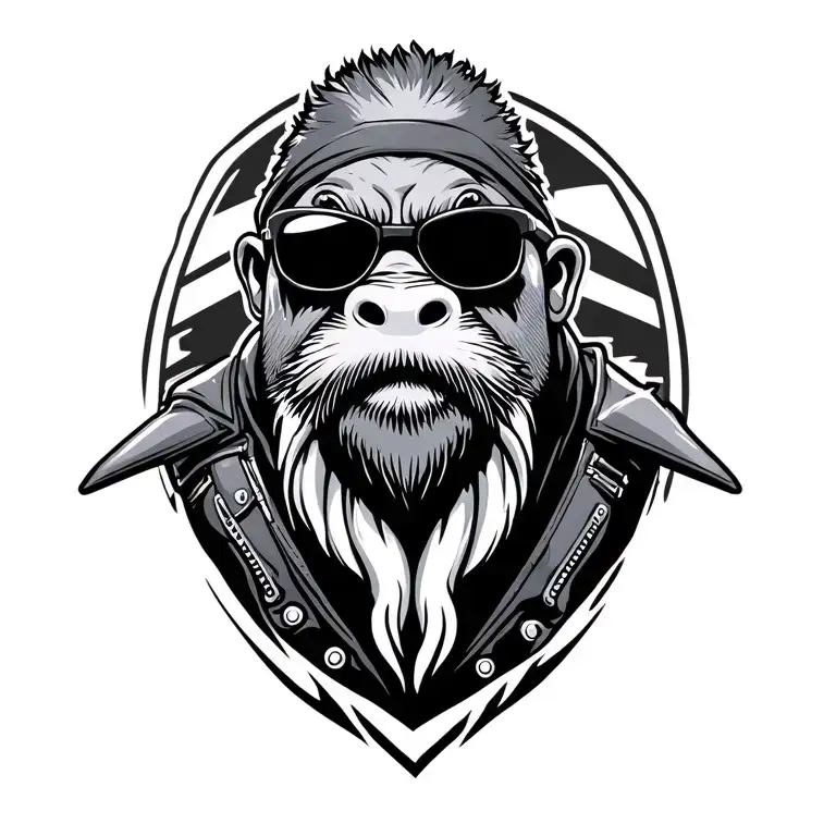 male walrus full body wearing riding leathers and sunglasses with a grey goatee riding a harley ultra limited tattoo design idea