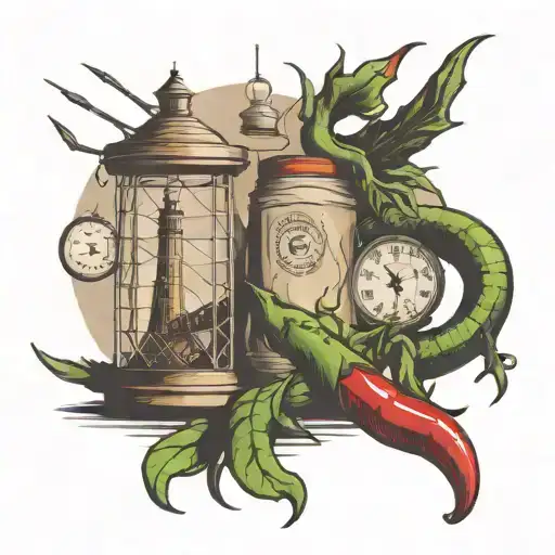 chilli pepper, lighthouse, Brooklyn bridge, prison cell with whisky jar beside, lizard tattoo design idea
