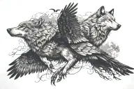 wolf and crow flying tattoo design idea