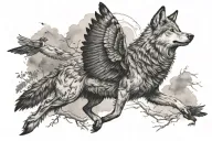 wolf and crow flying tattoo design idea