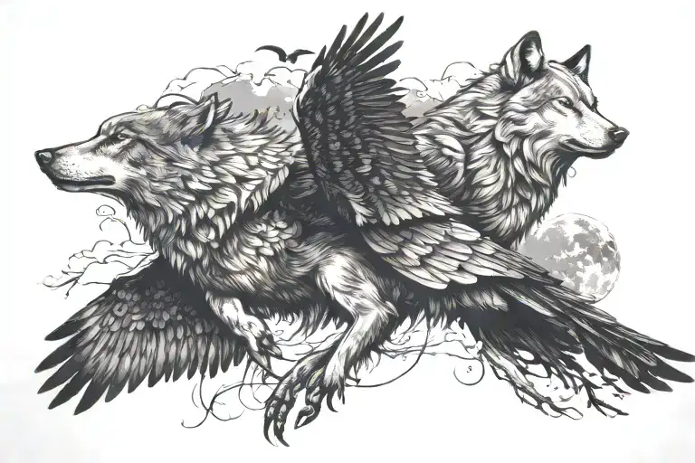 wolf and crow flying tattoo design idea