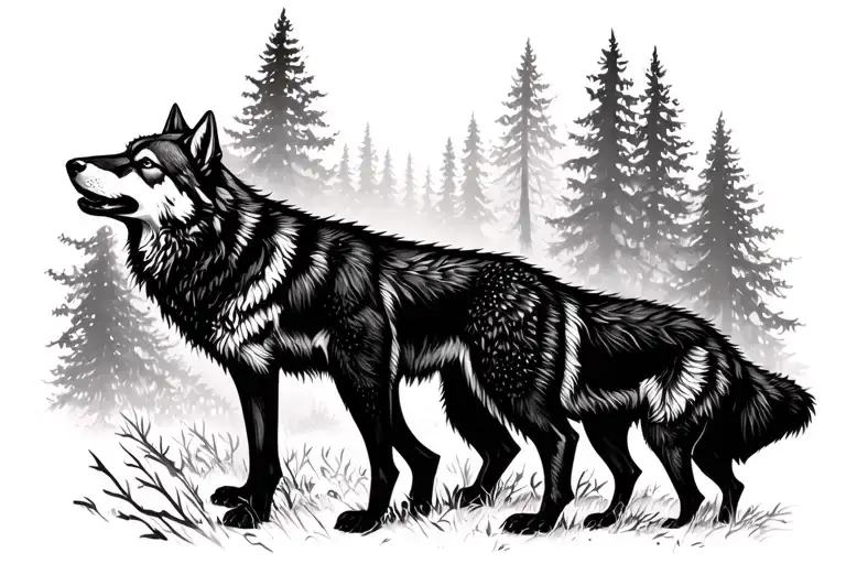 dark forest with wolves howling tattoo design idea