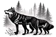dark forest with wolves howling tattoo design idea