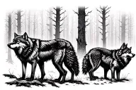 dark forest with wolves howling tattoo design idea