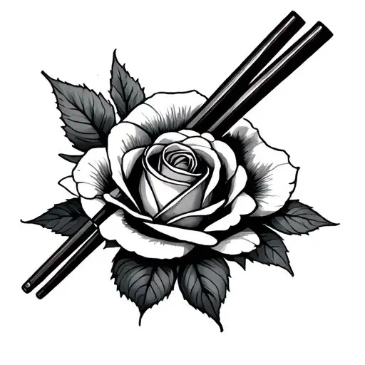 chopsticks with sushi and rose intertwined tattoo design idea