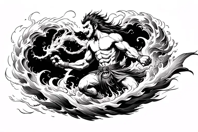 Black and white irezumi-style tattoo design for full back coverage: Aggressive Sun Wukong riding a swirling storm and by tattoo design idea