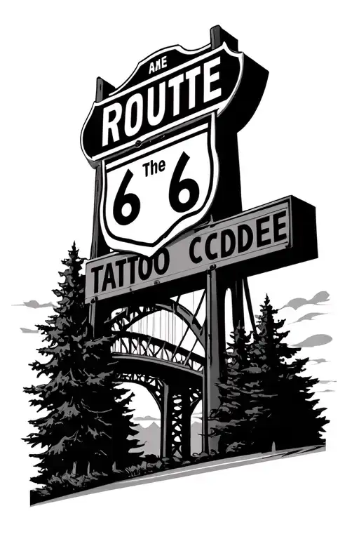 Route 66 sign, bridge, trees, area code integrated tattoo design idea
