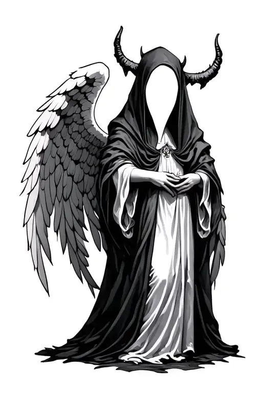 hyper realistic gothic angel no face hooded shaded demon stained glass tattoo design idea
