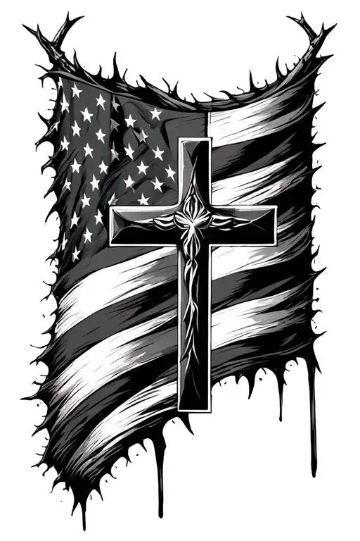 italian American flags Christian cross thorns tattoo design idea