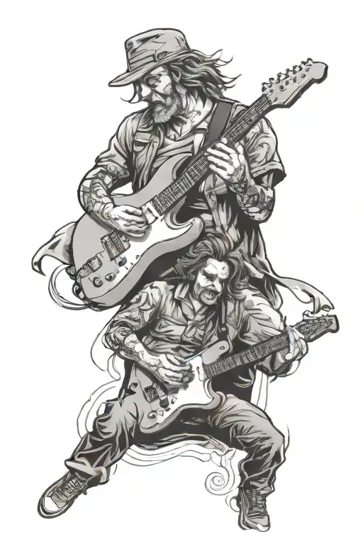 Make a tattoo for an electric guitar player and a theatre actor in same tattoo tattoo design idea